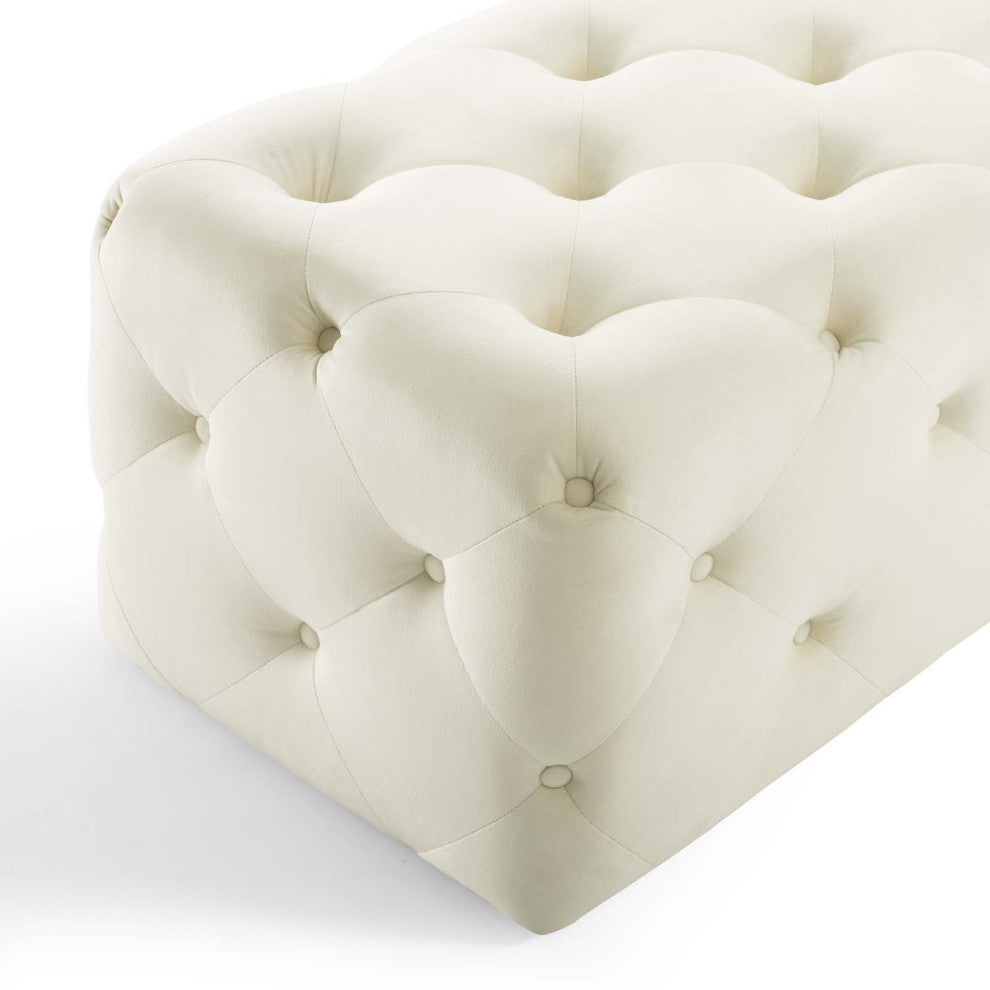 Tufted Accent Chair Bench, Velvet, Ivory White, Modern, Lounge Hospitality