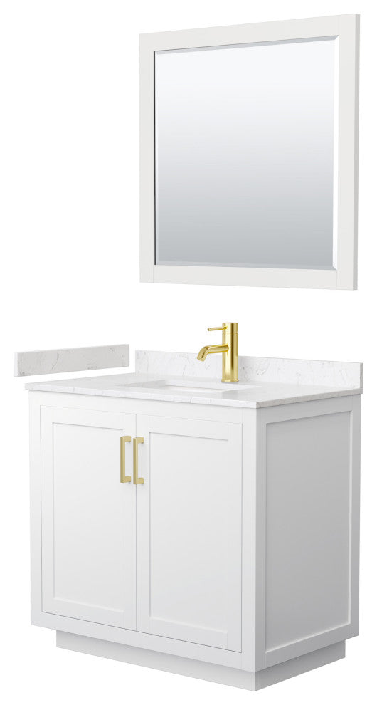 36"SGL Vanity White, LV Carrara Cult. Marble Top, Sink, Gold Trim, 34"Mirror