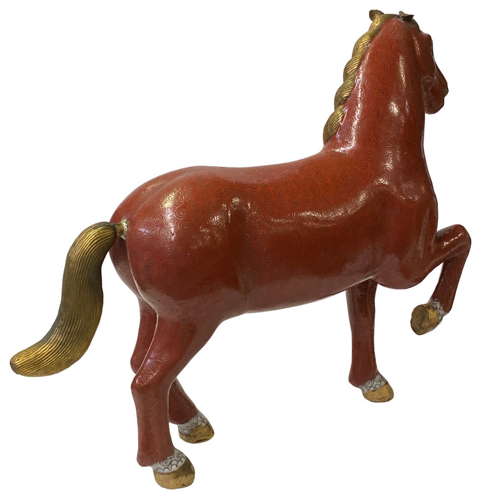 Vintage Chinese Metal Brick Red Golden Tail Fengshui Horse Figure Hws3278