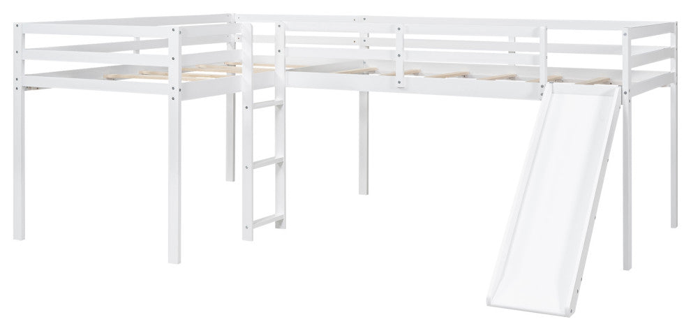 L-Shaped Twin Size Loft Bed with Ladder and Slide (No mattress), White