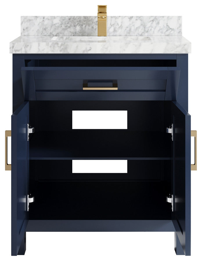 Cambridge 30 Single Sink Bath Vanity in Hale Navy Blue 2" Carrara Marble