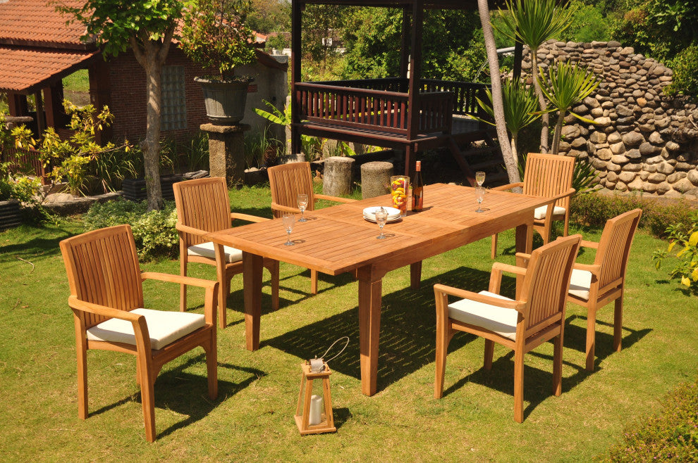 7-Piece Outdoor Teak Dining Set: 122" Rectangle Table, 6 Lua Stacking Arm Chairs