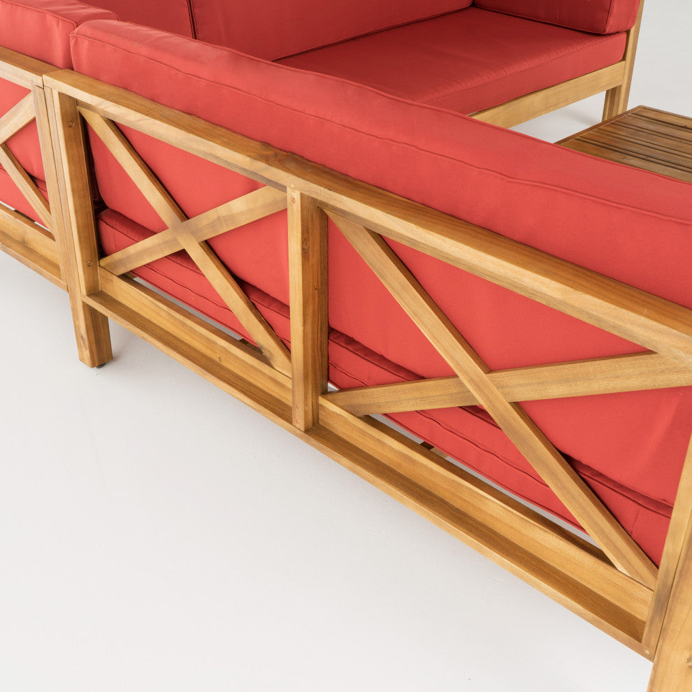 Keith Outdoor Left Arm Loveseat and Coffee Table Set, Red/Teak