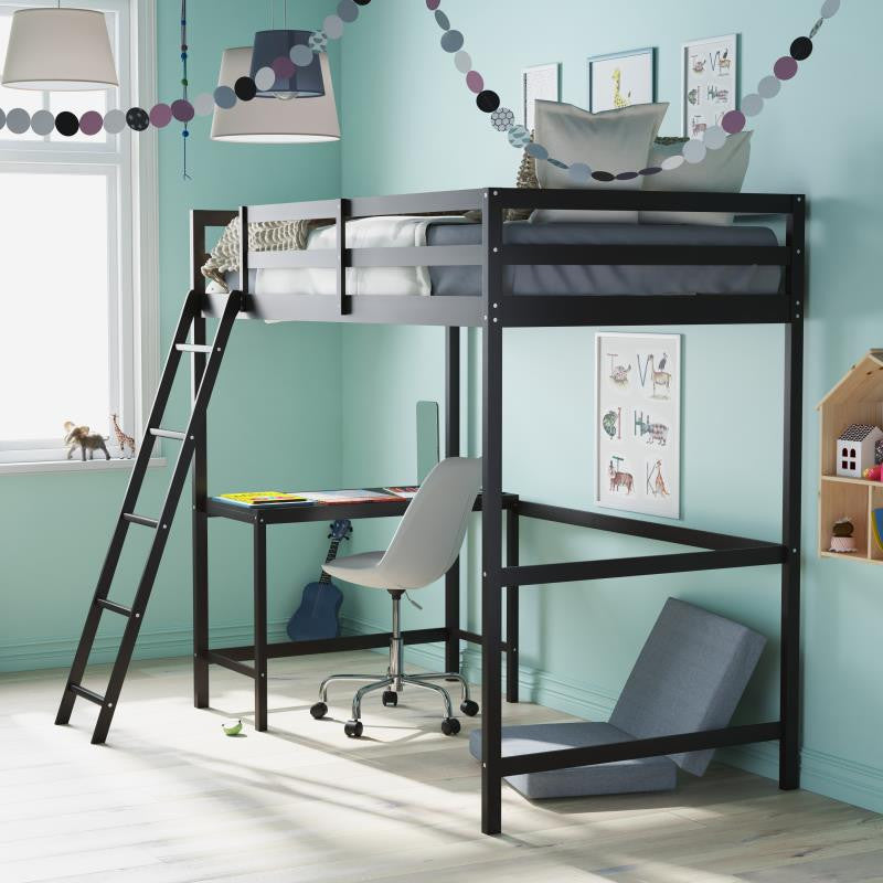 Riley Loft Bed Frame with Desk, Frame, Guard Rails & Ladder for Kids and Teens, Espresso, Twin