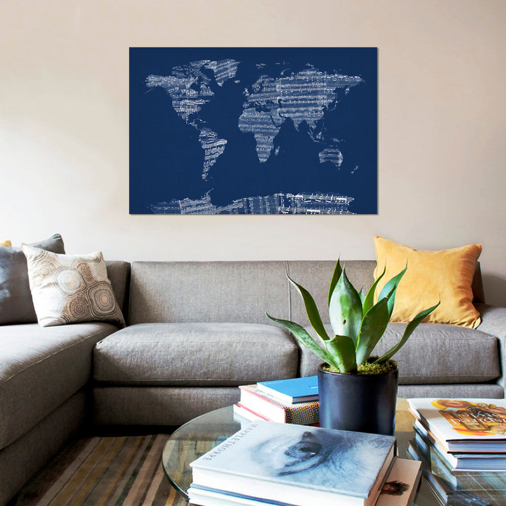 "World Map Sheet Music (Blue)" by Michael Tompsett, Canvas Print, 26x18"