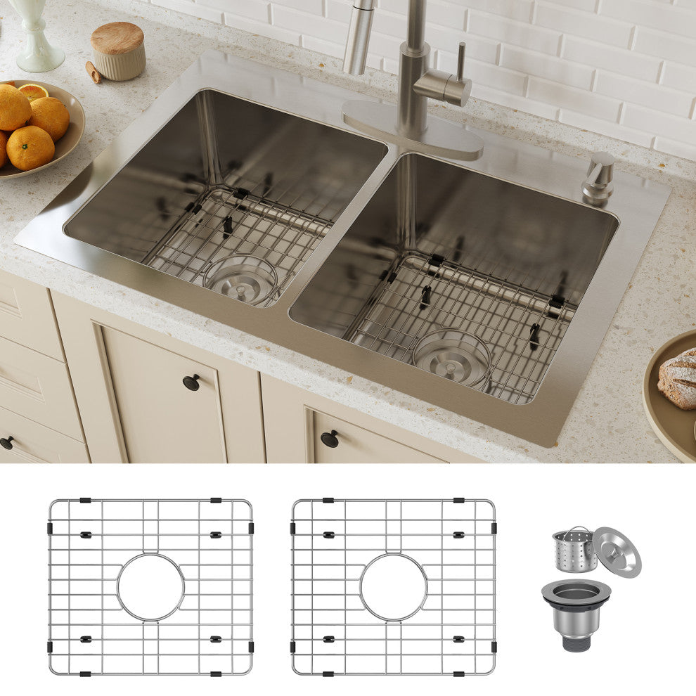 33in Drop-In Single and Double Bowl 18 Gauge Stainless Steel Kitchen Sink, Double