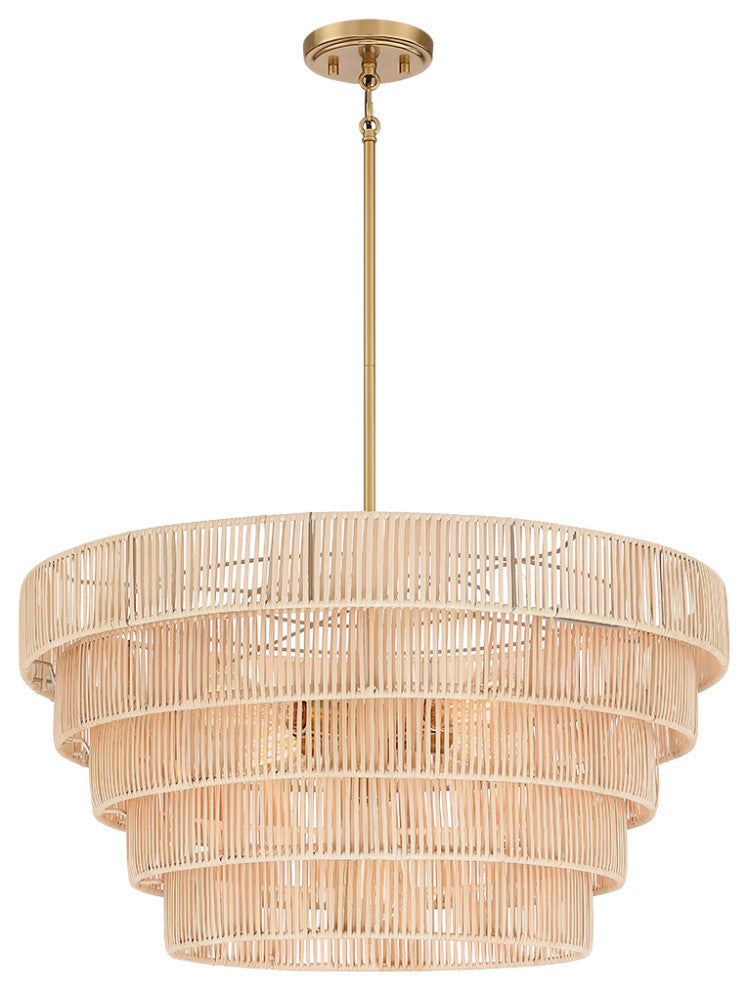 26" W 5-Light Brass Modern Bohemian Chandelier With Tiered Rattan Shade
