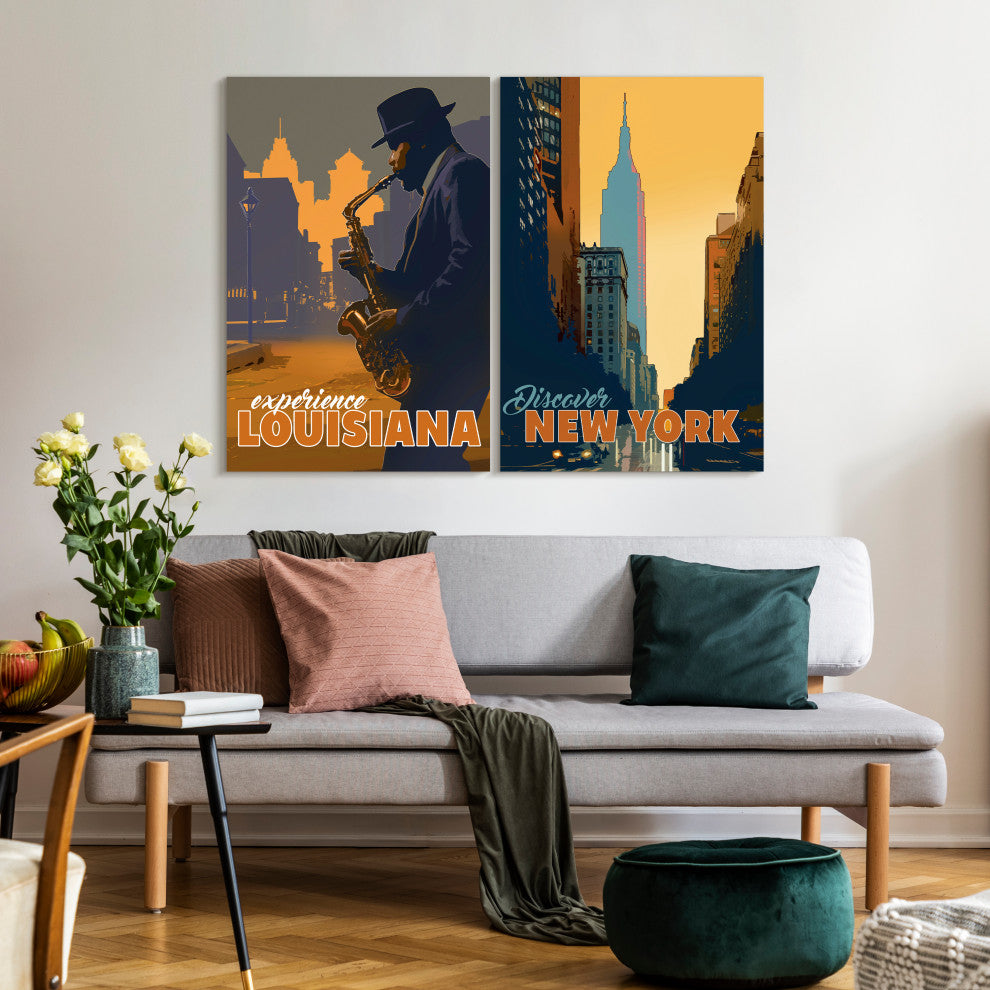 "Down In The Bayou & New York Minute" Frameless Tempered Glass Wall Art Set of 2