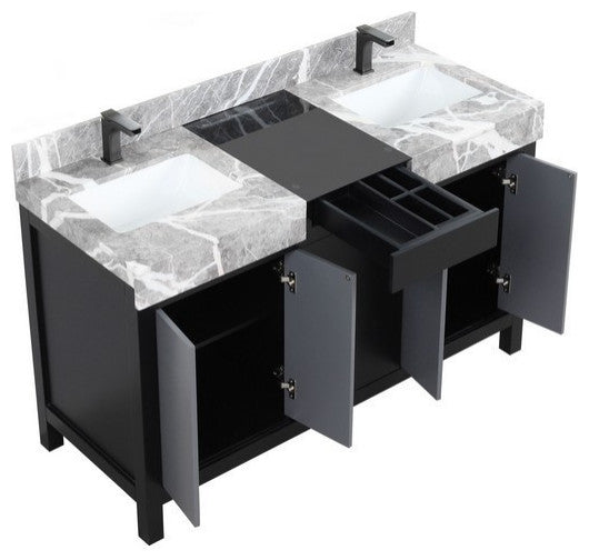 Zilara 55" Black and Grey Double Vanity, Balzani Gun Metal Faucet Set