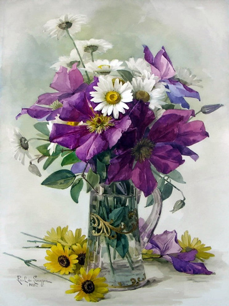 Tile Mural Still Life Bouquet Of Flowers Clematis Daisy Vase, 6"x8", Glossy