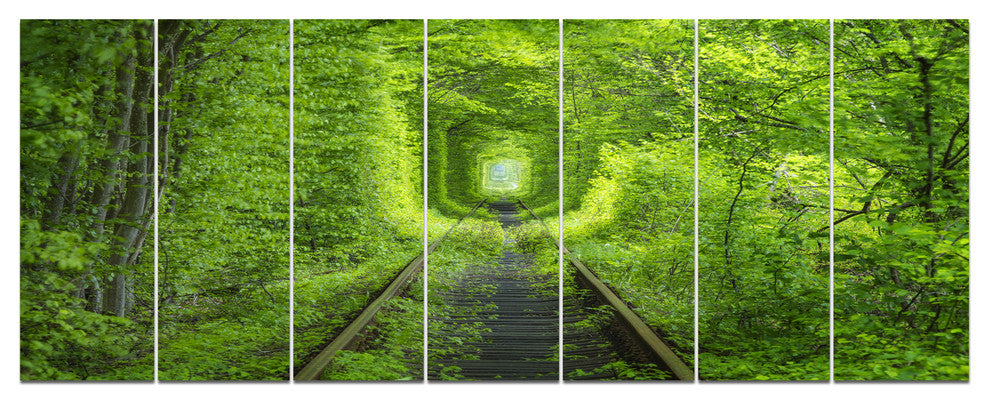 Forest around Rail Way Tunnel, Landscape Canvas Art Print, 83"x32", 7 Panels