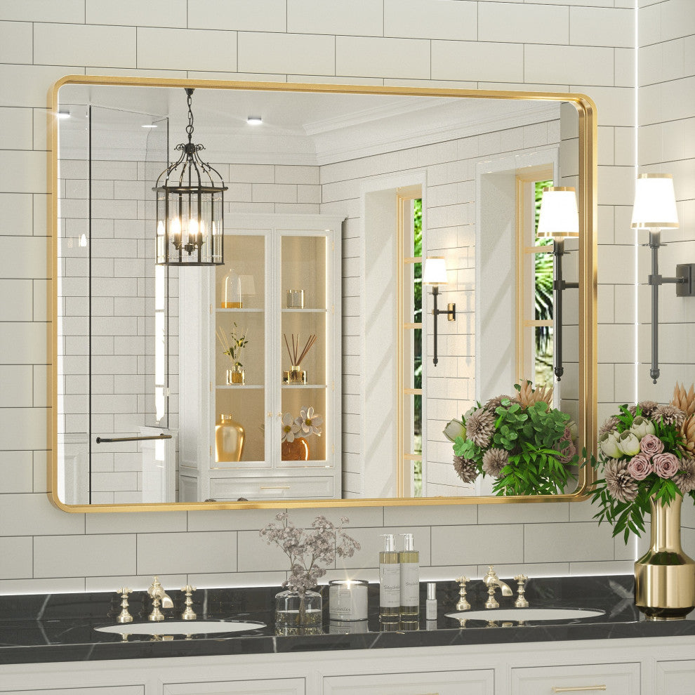 Metal Frame Decorative Rectangular Wall Mount Mirror, Gold, 40" x 30"