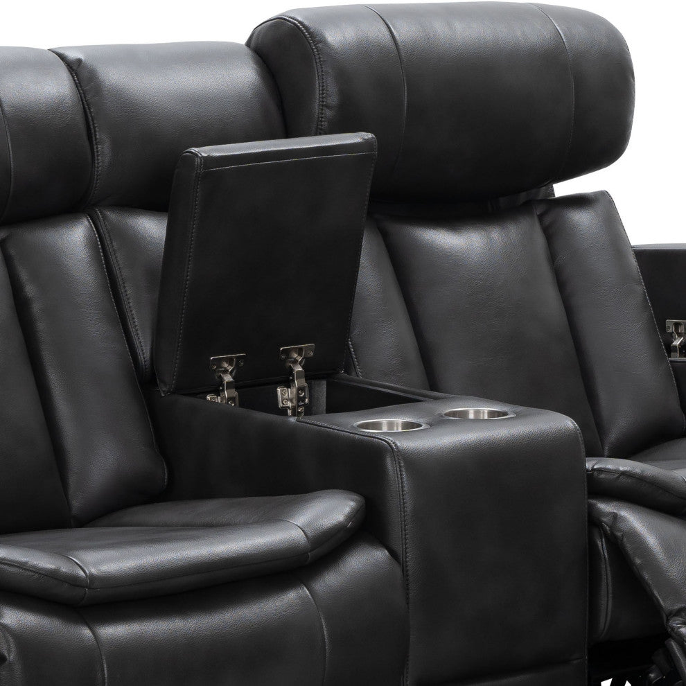 Marley Leather Power Reclining Console Loveseat, Power Headrest, Black