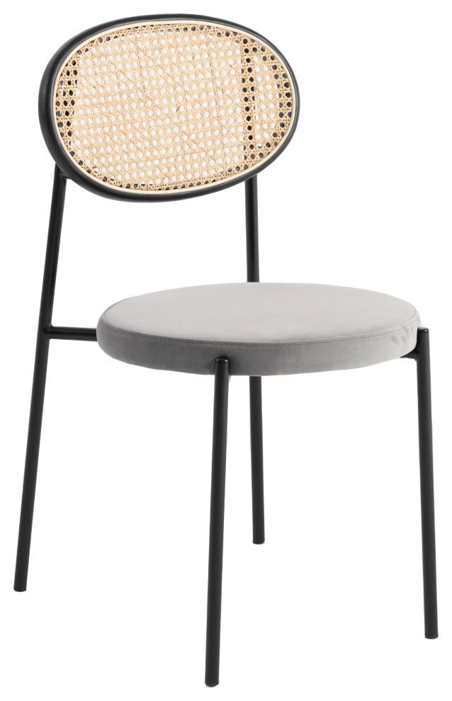 LeisureMod Euston Dining Chair with Wicker Back & Velvet Seat Set of 2, Gray