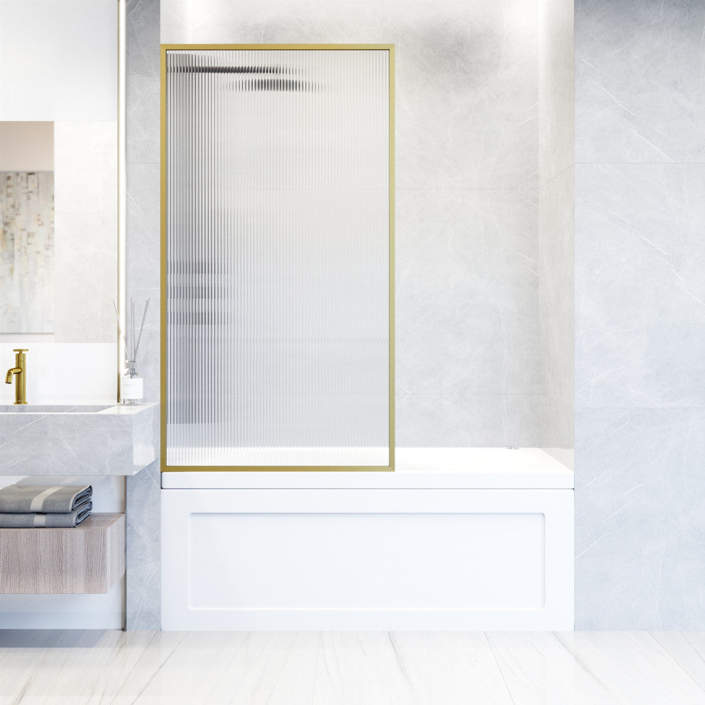VIGO Meridian Framed Fixed, Matte Brushed Gold, Tub Screen, 34" W X 62" H, Fluted Glass