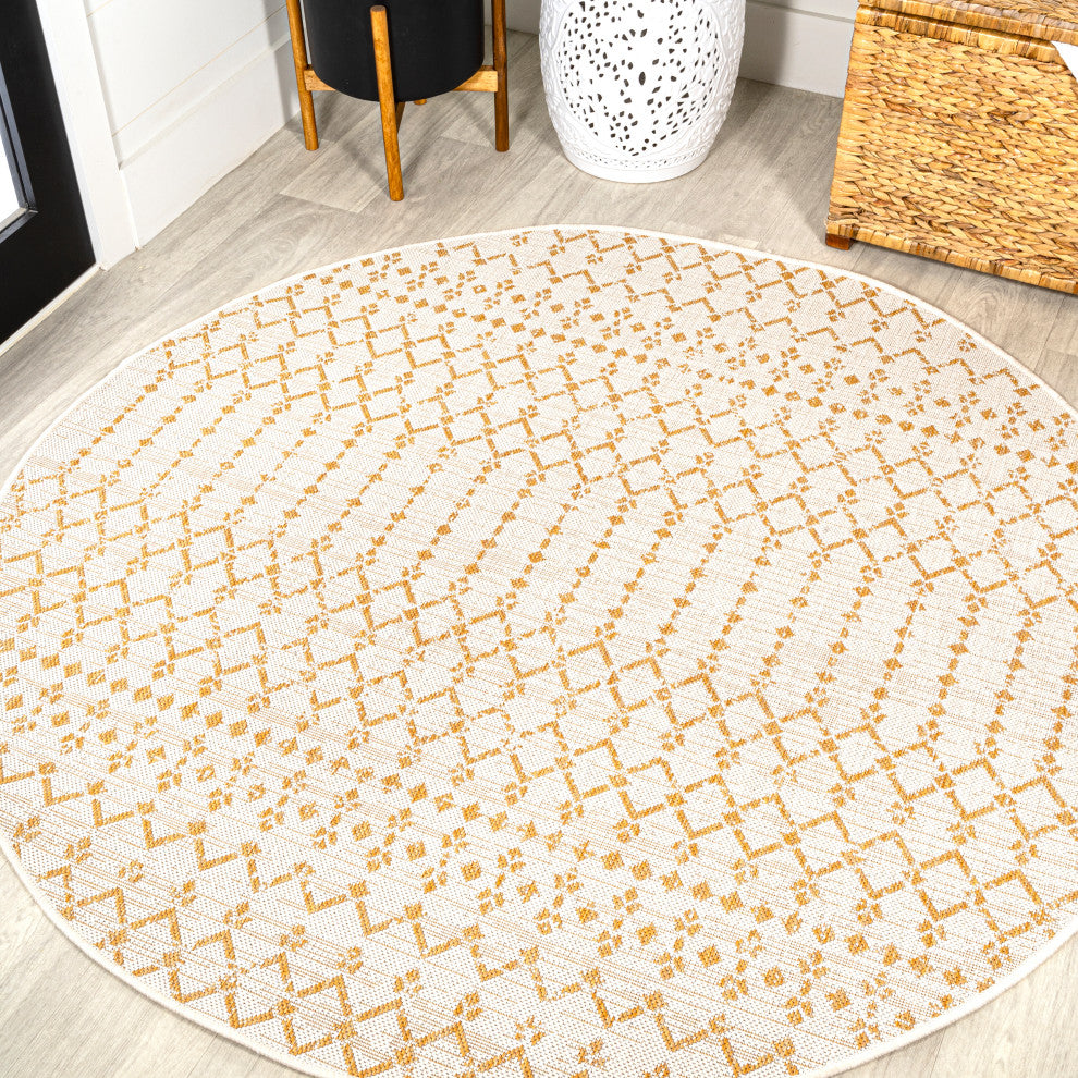 Ourika Moroccan Geometric Indoor/Outdoor Rug, Cream/Yellow, 5' Round