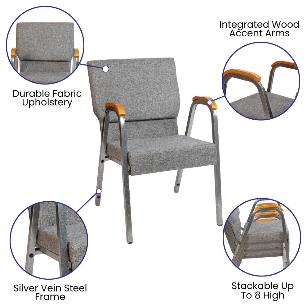 HERCULES Series 21"W Stacking Wood Chair, Gray Fabric and Silver Vein Frame