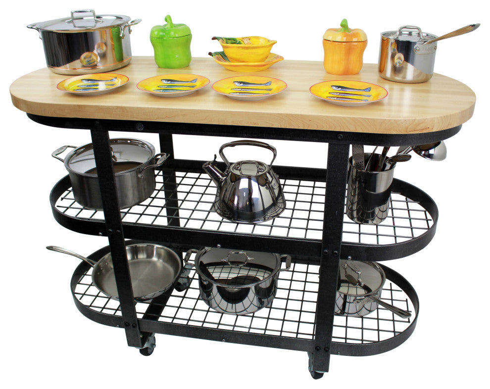 Handcrafted Gourmet Kitchen Island wMaple Butcher Block Hammered Steel