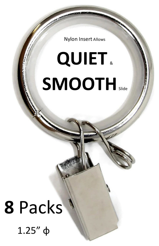1 1/4" Nylon-insert Curtain Rings With Clips and Eyelets, Brushed Steel