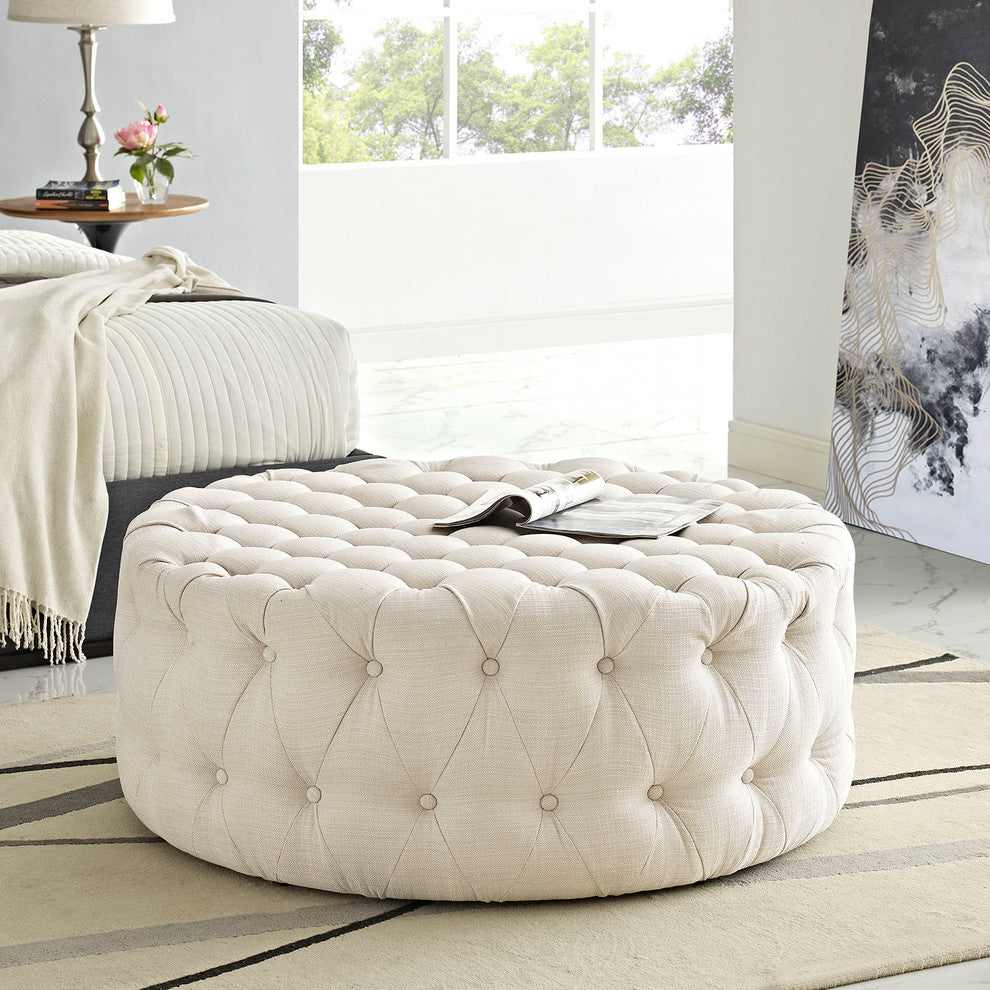 Amour Upholstered Fabric Ottoman, Beige