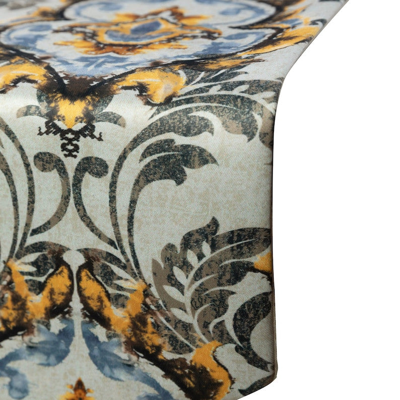 Table Runner Yellow Satin 16"x108", Damask with Tassels, Flaring Damask