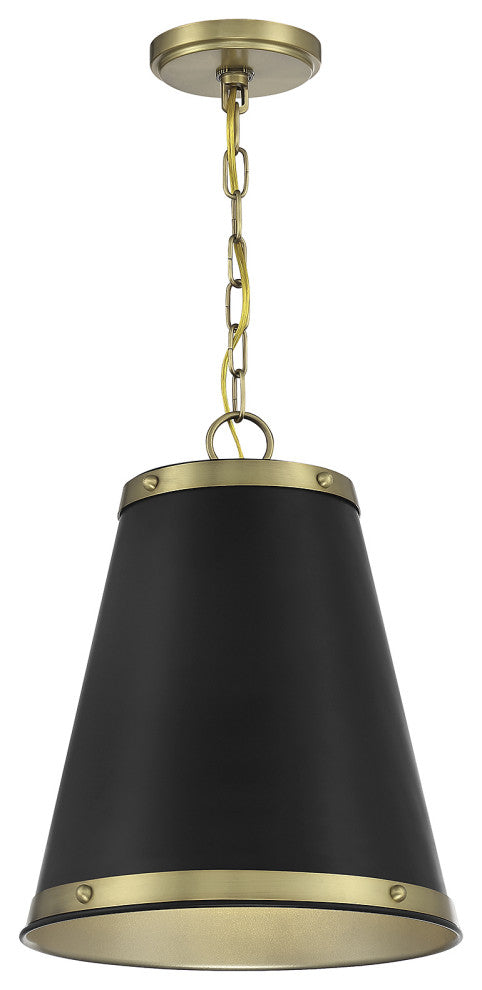 1-Light Pendant, Matte Black With Natural Brass