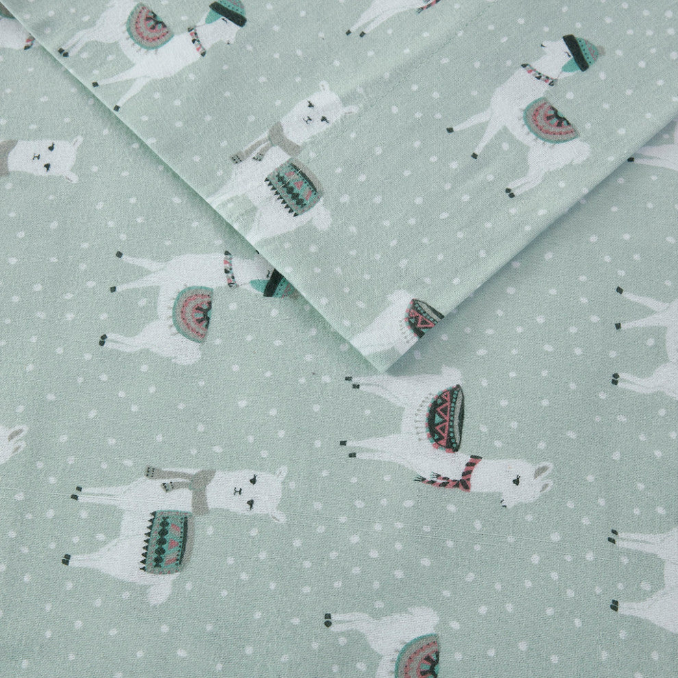 True North by Sleep Philosophy Cotton Flannel Kids Sheet Set, Green Llamas