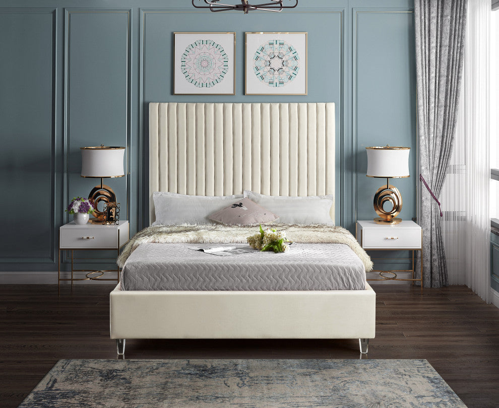 Candace Velvet Upholstered Bed, Cream, Queen