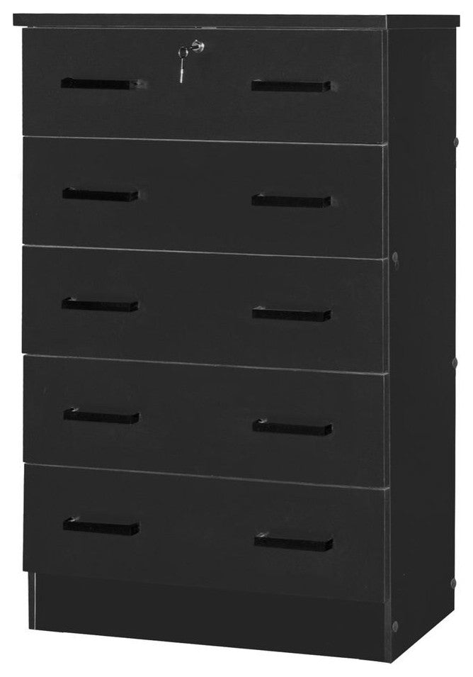 Better Home Products Cindy 5 Drawer Chest Wooden Dresser With Lock In Black