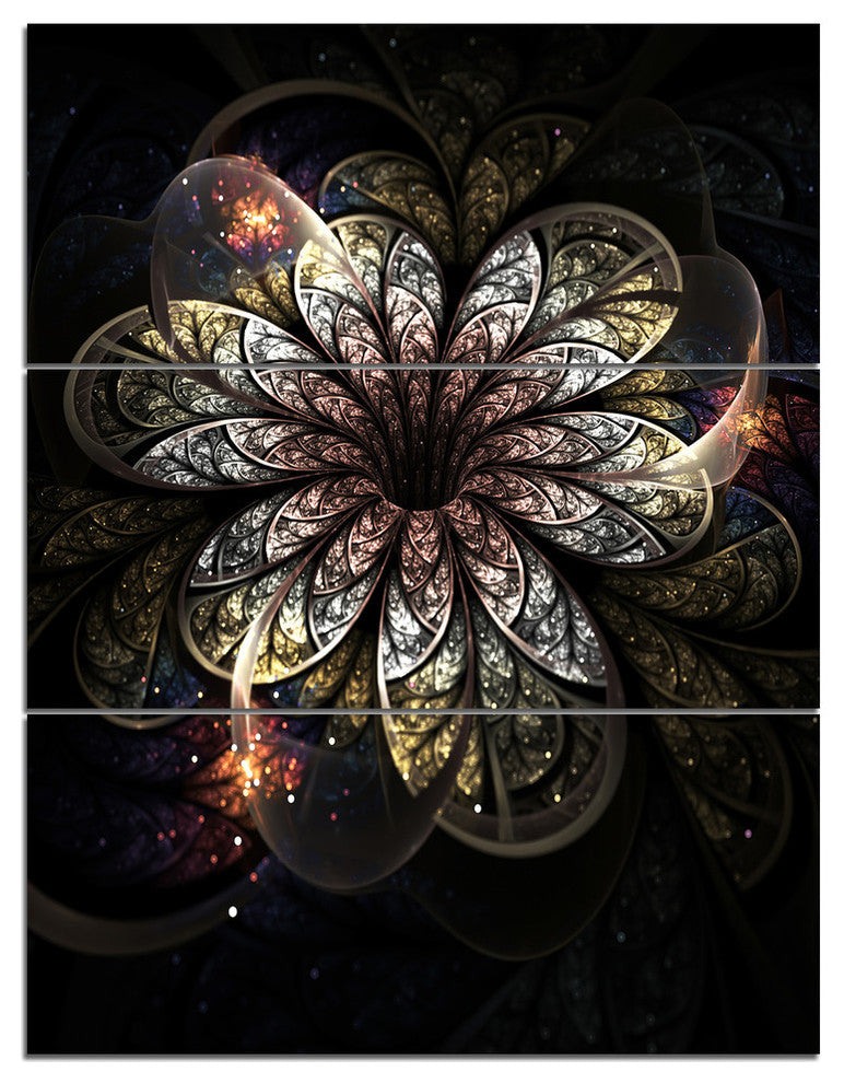 "Rounded Glowing Golden Fractal Flower" Metal Wall Art, 3 Panels, 28"x36"