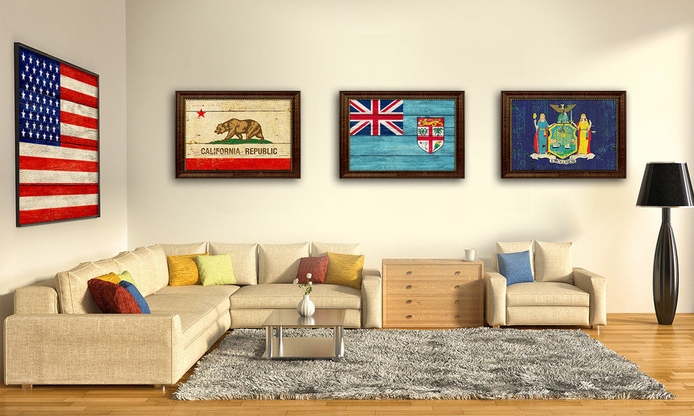Fiji Country Textured Flag Print With Brown Gold Frame, 15"X21"