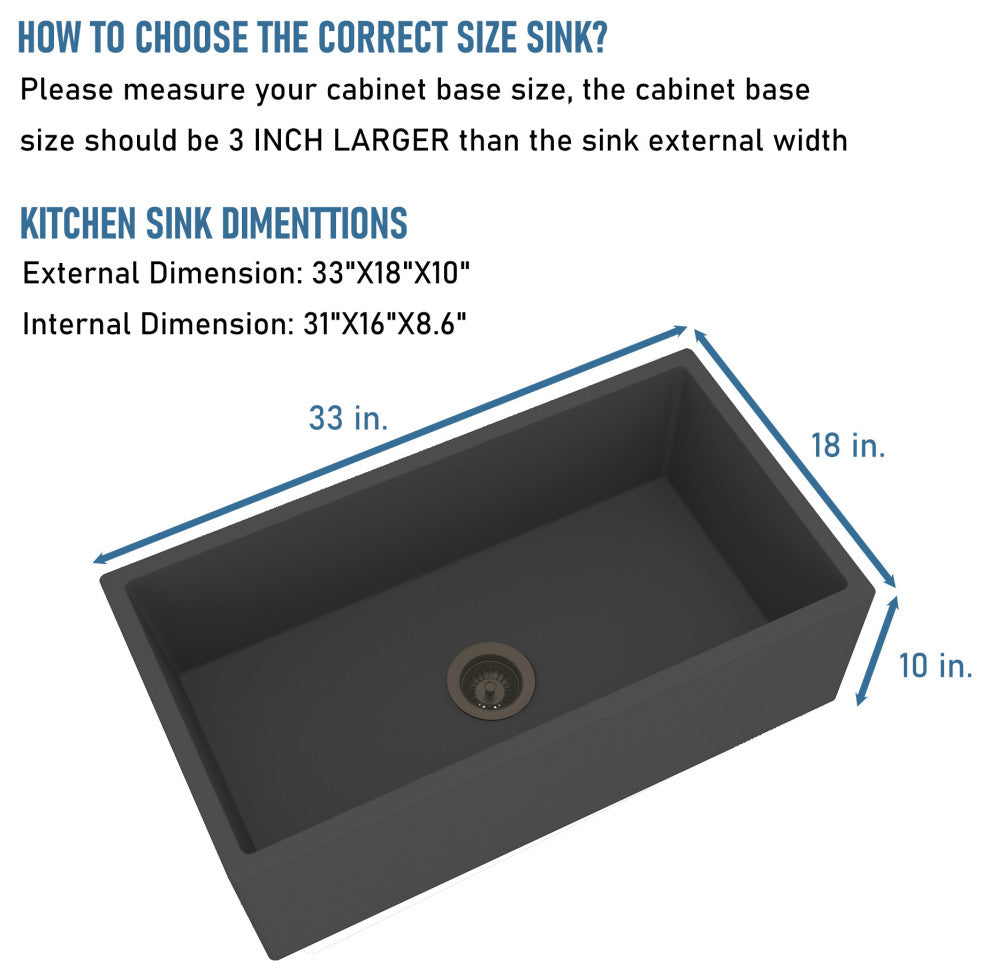 33in Single Bowl Farmhouse Apron Kitchen Sink with Bottom Grid and Drainer, Black Earth
