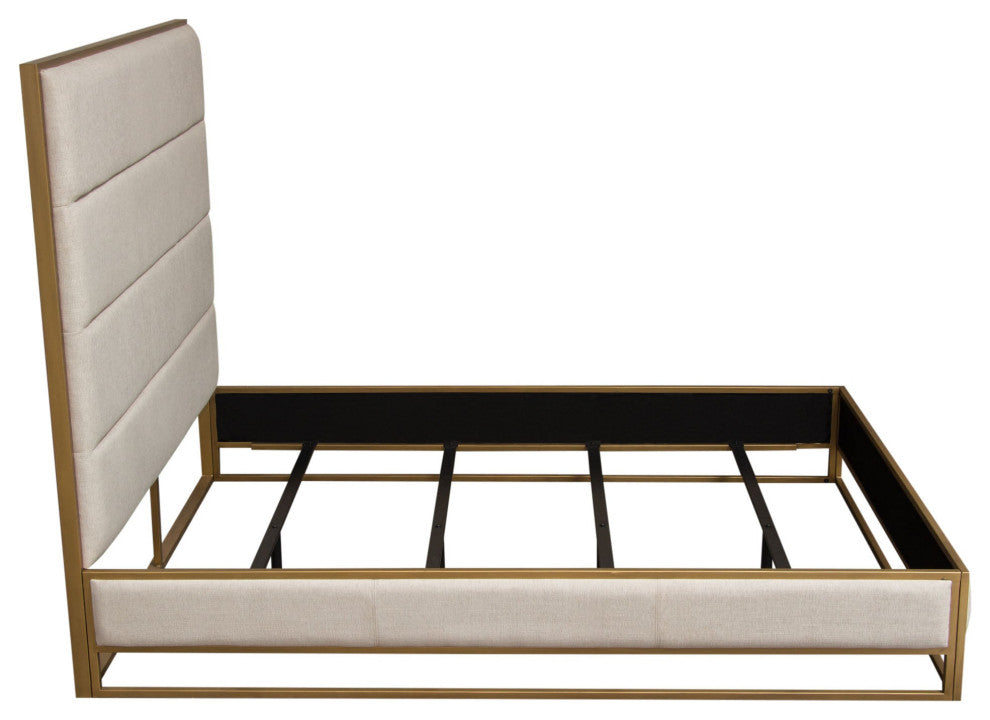 Empire Queen Bed With Gold Metal Frame, Sand Fabric