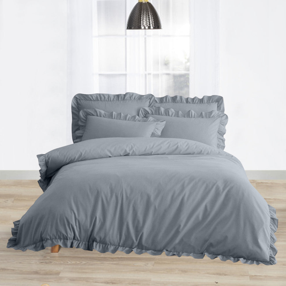 Organic Cotton 300 TC GOTS Certified 8 Internal Ties Ruffled Duvet Set, Light Blue, Queen(88"x92")