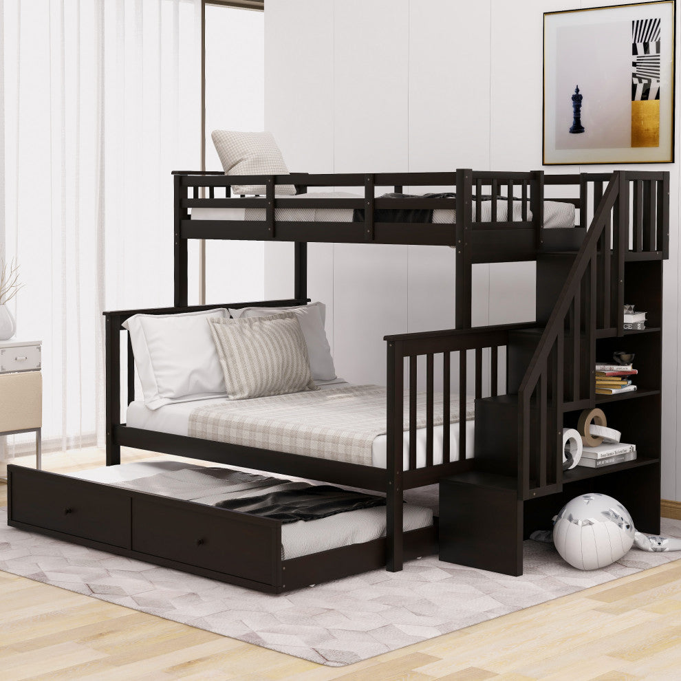 Gewnee Wood Twin-Over-Full Bunk Bed with Trundle and Stairway, Espresso