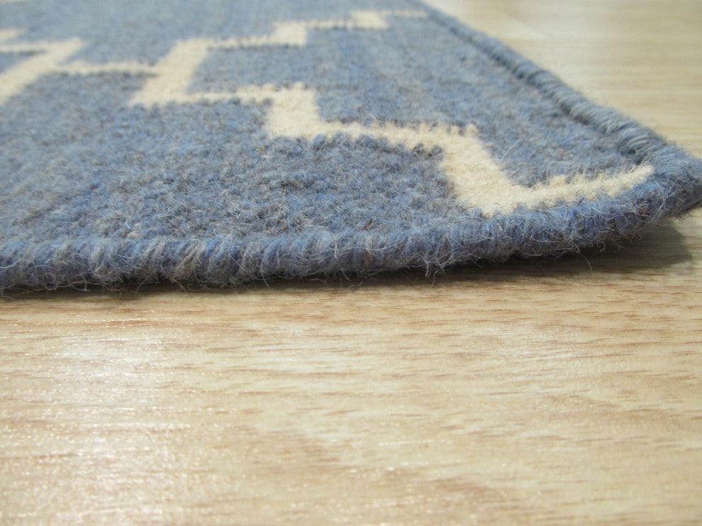 Handmade Wool Blue Contemporary Trellis Flatweave Reversible Moroccan Rug, 8'x10'