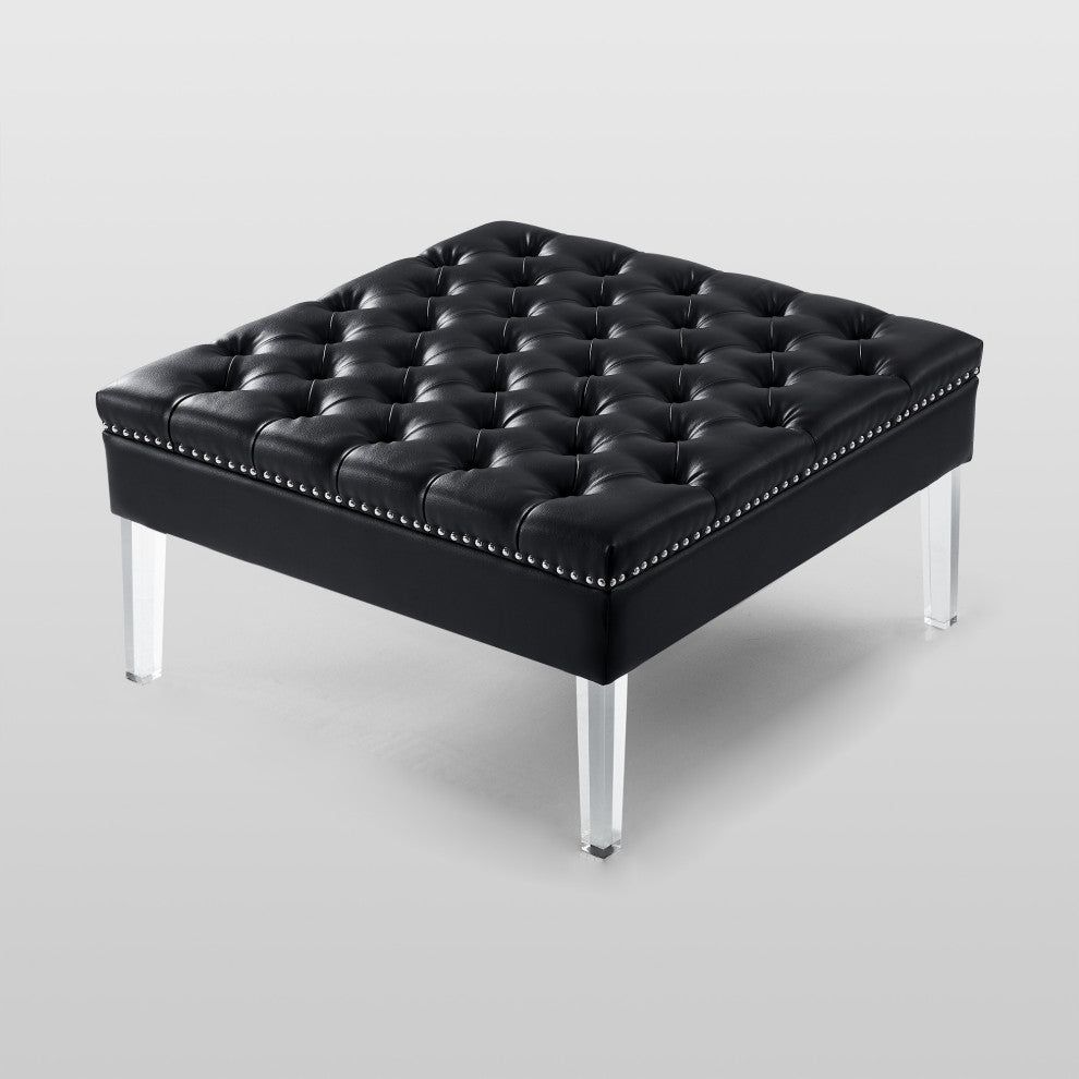Fernanda PU Leather Tufted with Nailhead Trim  Acrylic Legs Ottoman, Black