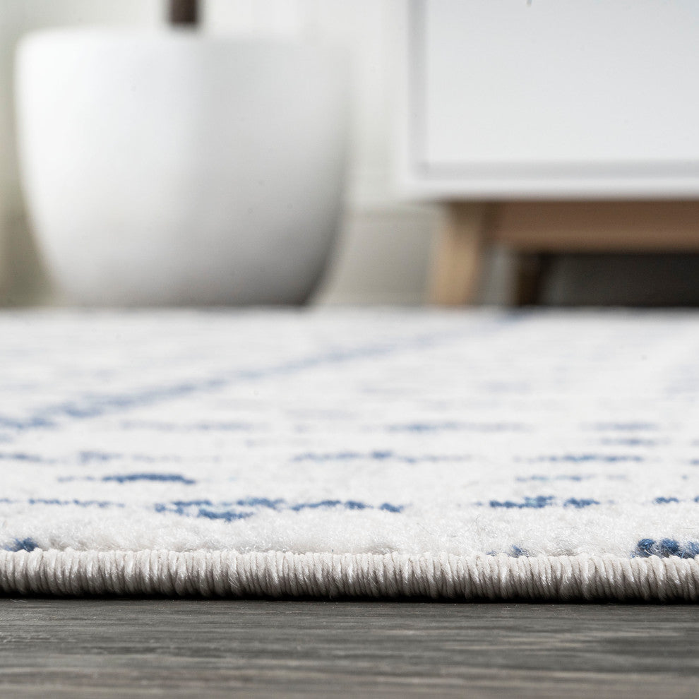Moroccan HYPE Boho Vintage Diamond Runner Rug, Cream/Navy, 2 X 8