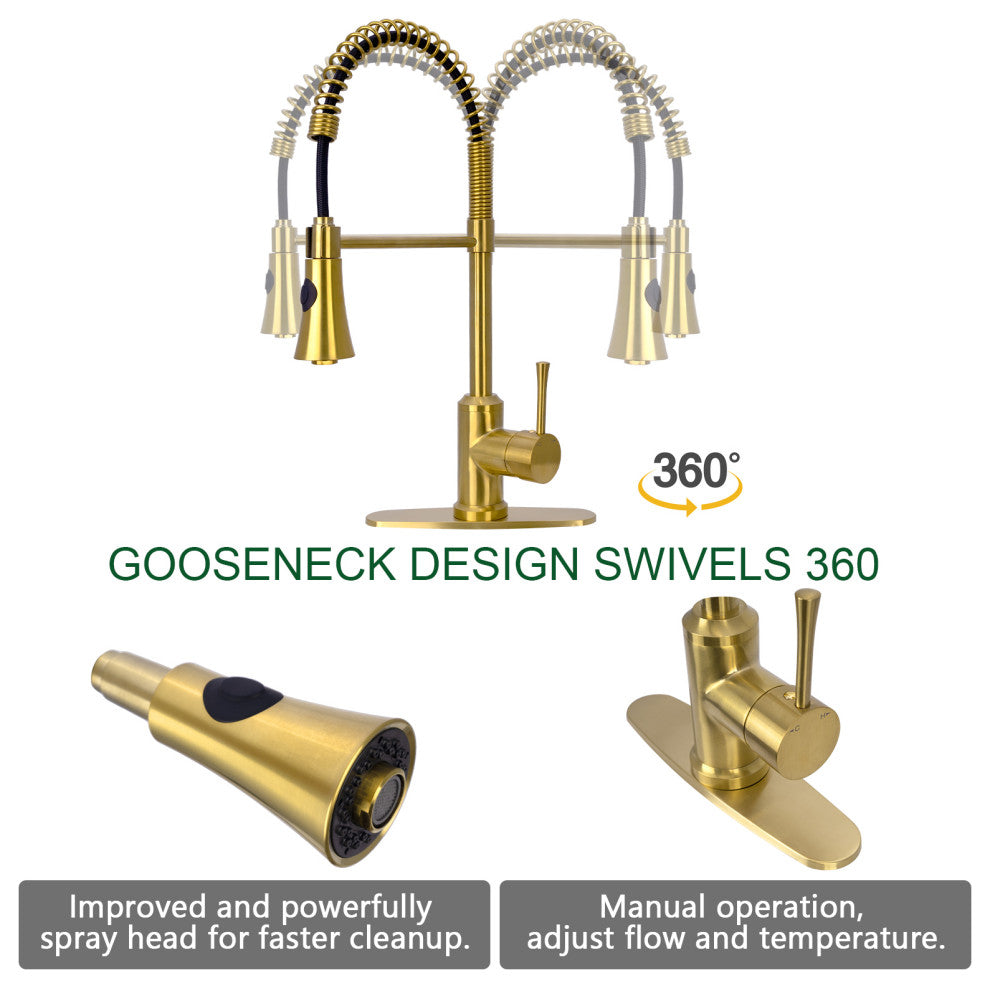 Copper Pre-Rinse Spring Kitchen Faucet with Pull Down Sprayer, Brushed Gold