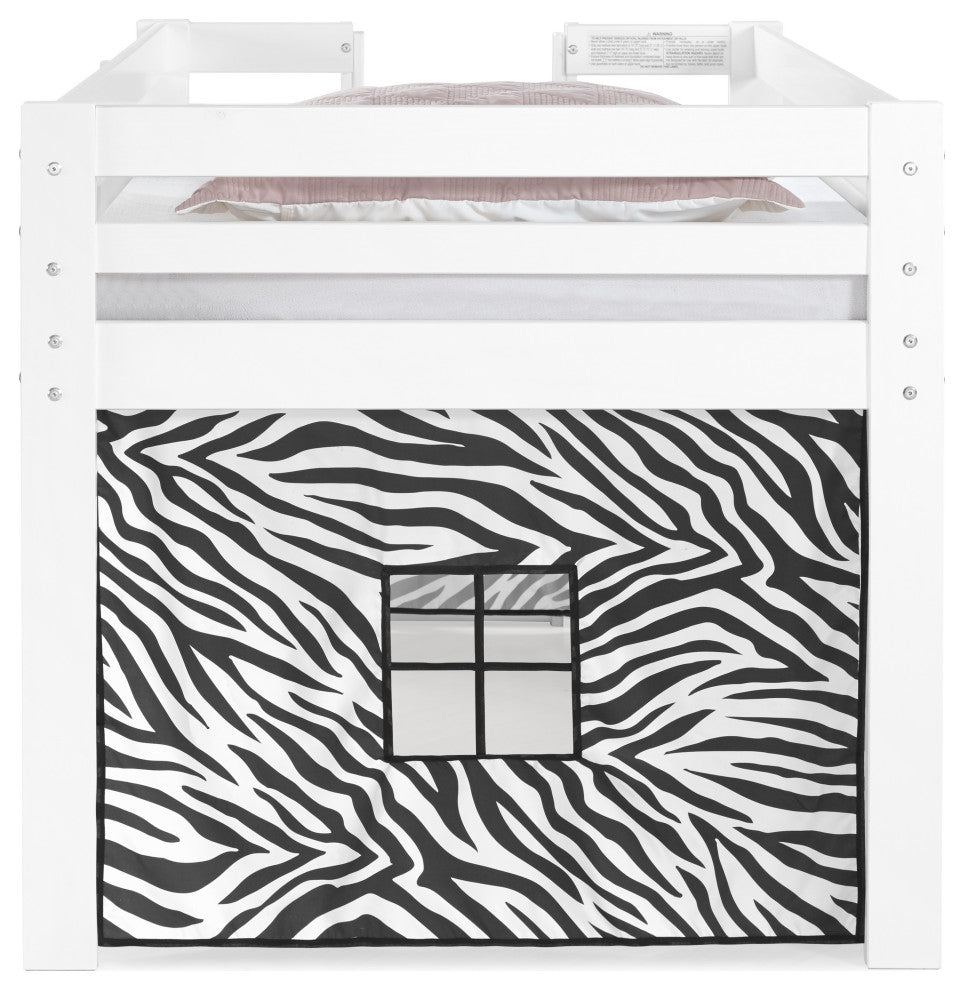 Jasper Twin Junior Loft Bed, White Frame, Zebra Bottom Playhouse Tent