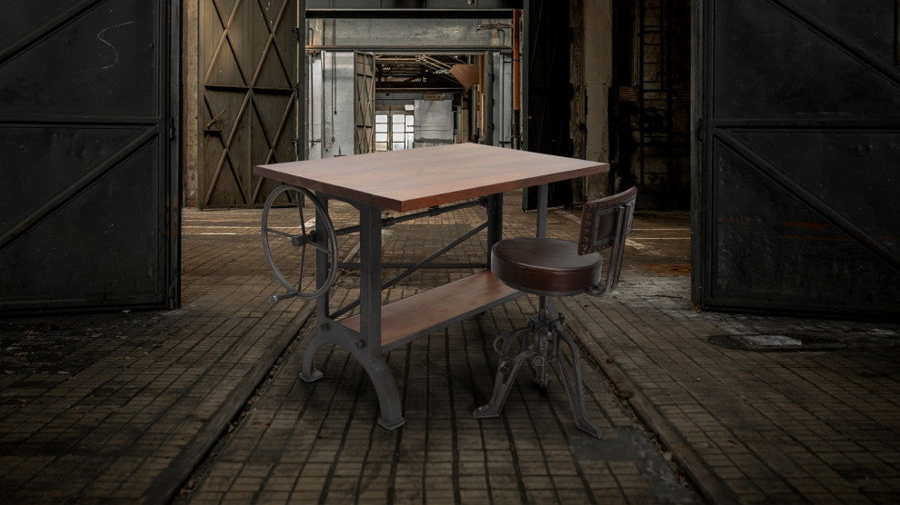 Industrial Adjustable Height Crank Leather Dining Chair - Iron Base