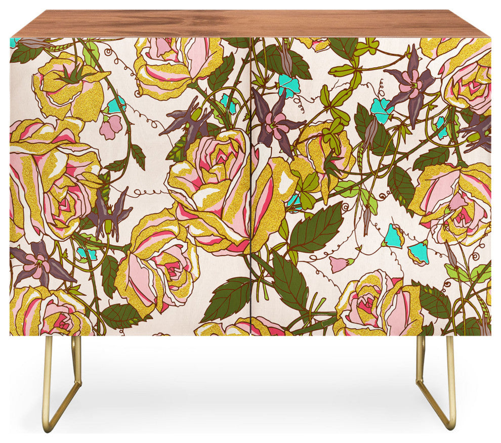 Deny Designs Yellow Beauty Credenza, Walnut, Gold Steel Legs