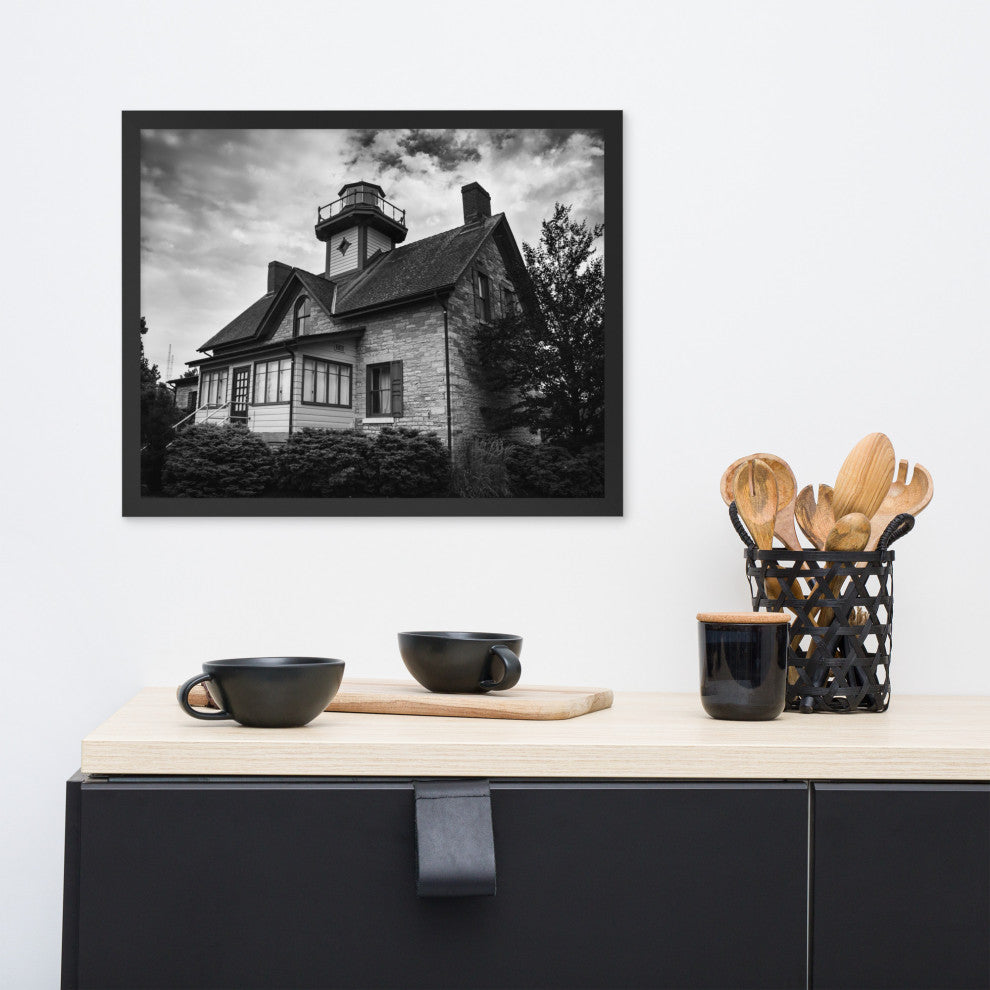 Cedar Point Lighthouse in Black and White Framed Photo Paper Wall Art Prints, Black, 16" X 20"