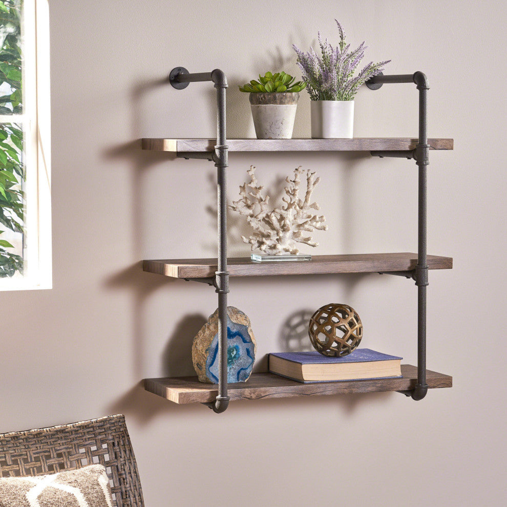 GDF Studio Caden Industrial Three Tier Faux Wood Wall-Mounted Shelf, Dark Brown/