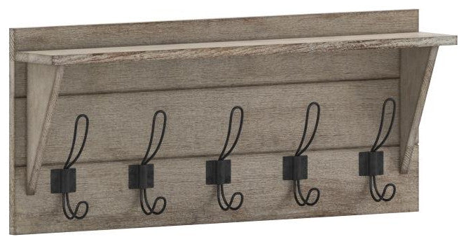 Daly Wall Mounted Solid Pine Wood Storage Rack With Upper Shelf and 5 Hooks, Rustic Brown