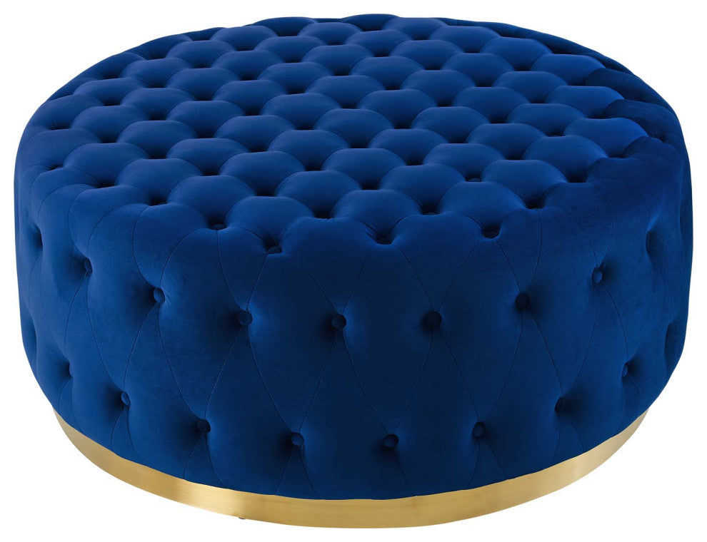 Tufted Accent Chair Ottoman, Round, Velvet, Blue Navy, Modern, Lounge