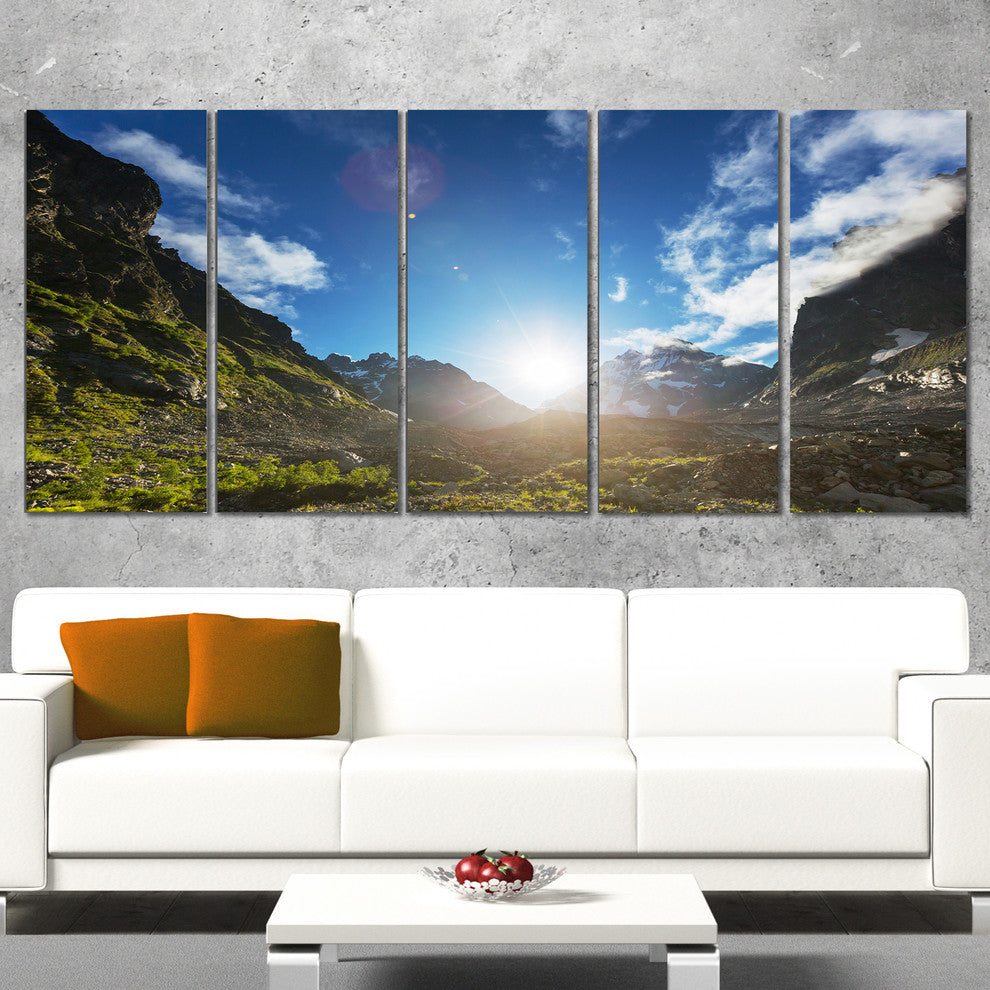 Caucasus Hills under Bright Sunset, Landscape Canvas Print, 60"x28", 5 Panels
