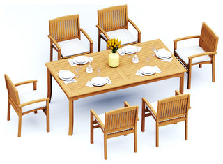 7-Piece Outdoor Teak Dining Set: 83" Rectangle Table, 6 Wave Stacking Arm Chairs