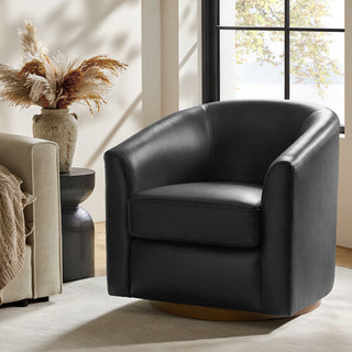 Swivel Barrel Geniune Leather Chair With Solid Wood Base, Black