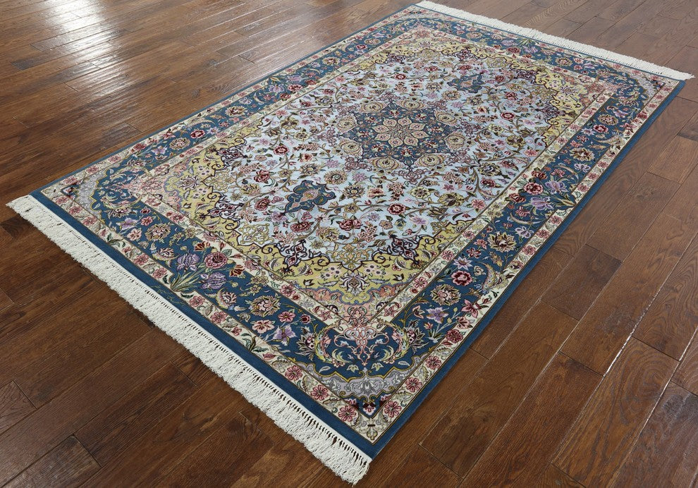 Super Fine Silk Signed Authentic Persian Isfahan Area Rug, 5'x8'